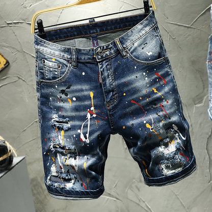 Hand-Worn Jeans Male Personality Shorts High-End Hand-Painted Paint Middle Pants