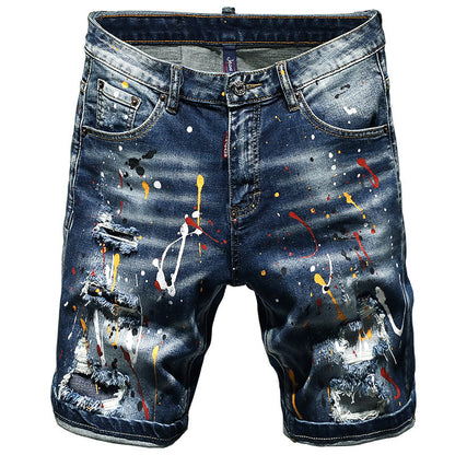 Hand-Worn Jeans Male Personality Shorts High-End Hand-Painted Paint Middle Pants