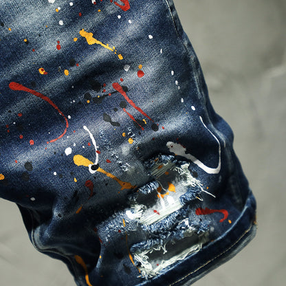 Hand-Worn Jeans Male Personality Shorts High-End Hand-Painted Paint Middle Pants