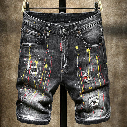 Hand-Worn Jeans Male Personality Shorts High-End Hand-Painted Paint Middle Pants