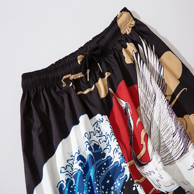 Japanese retro crane and wave harem pants