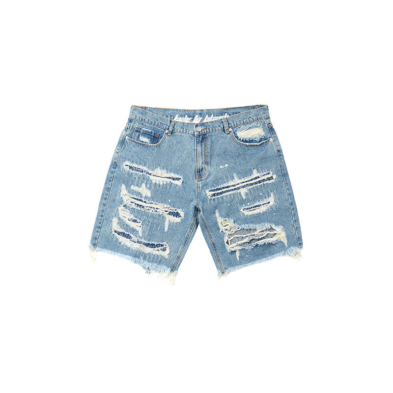 High Street Patch Ripped Washed Distressed Men's Denim Shorts