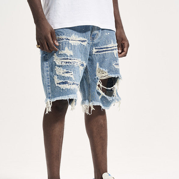 High Street Patch Ripped Washed Distressed Men's Denim Shorts