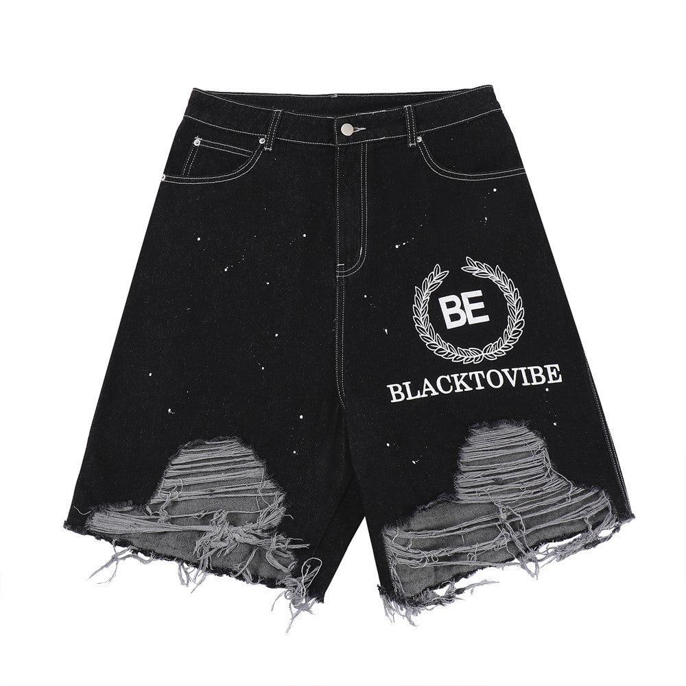 Ripped Raw Edge Denim Shorts Men's Personality Loose Wide-leg Pants