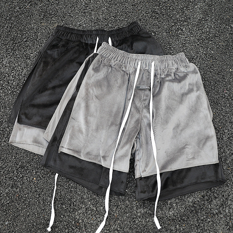 Velvet Double Layer Stitching Loose Drawstring Shorts