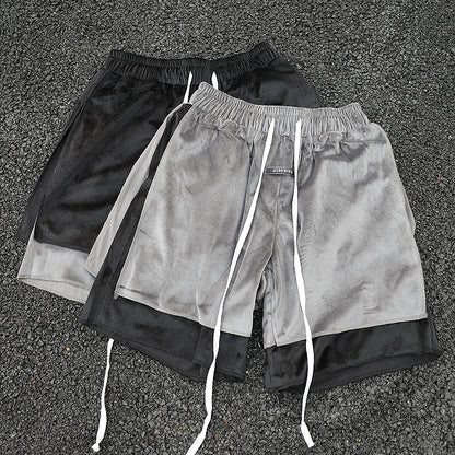 Velvet Double Layer Stitching Loose Drawstring Shorts