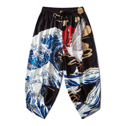 Japanese retro crane and wave harem pants