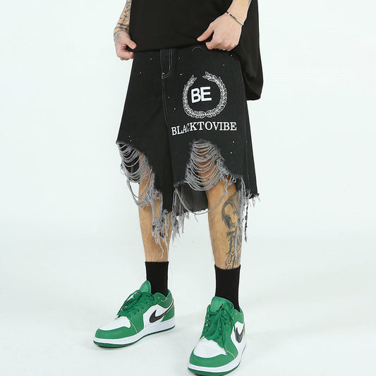 Ripped Raw Edge Denim Shorts Men's Personality Loose Wide-leg Pants