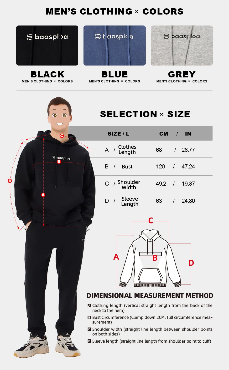 2024 Baasploa Men Sport Hoodies Breathable Casual Sweaters for Man Training Fitness Hoodie Comfort Solid Sportswear Pocket Tops