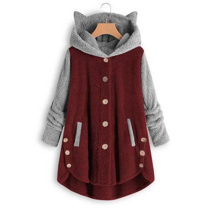 Cat Print Long Hoodies Sweatshirt Women Fleece Warm Button Pocket Pullovers Cat Ear Plus Size Hoodie Top Blouse Sweat Femme