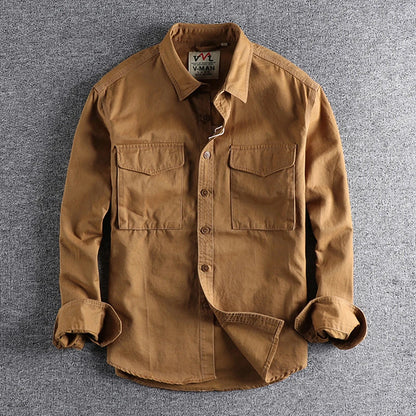 Cargo Shirt For Men Long Sleeve Premium Cotton Solid Color Washing Lapel Youth Japan Style Simple Handsome Boyfriend Clothing