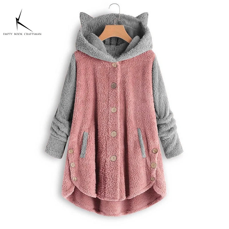 Cat Print Long Hoodies Sweatshirt Women Fleece Warm Button Pocket Pullovers Cat Ear Plus Size Hoodie Top Blouse Sweat Femme