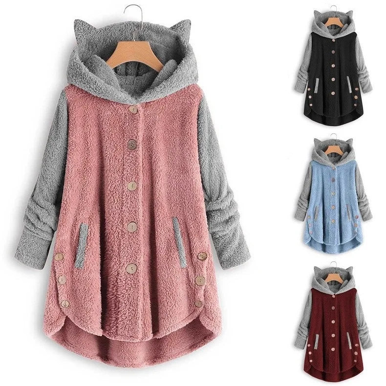 Cat Print Long Hoodies Sweatshirt Women Fleece Warm Button Pocket Pullovers Cat Ear Plus Size Hoodie Top Blouse Sweat Femme