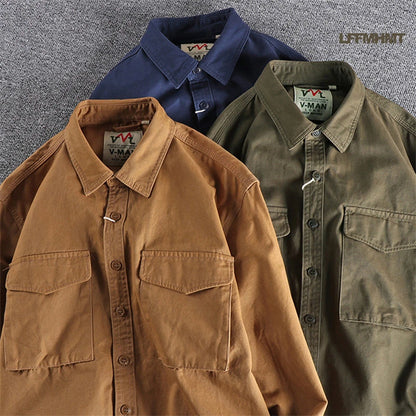 Cargo Shirt For Men Long Sleeve Premium Cotton Solid Color Washing Lapel Youth Japan Style Simple Handsome Boyfriend Clothing