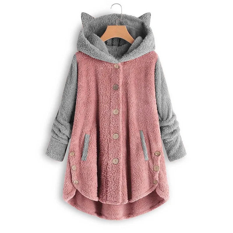 Cat Print Long Hoodies Sweatshirt Women Fleece Warm Button Pocket Pullovers Cat Ear Plus Size Hoodie Top Blouse Sweat Femme