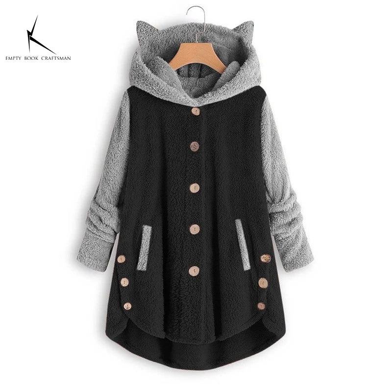 Cat Print Long Hoodies Sweatshirt Women Fleece Warm Button Pocket Pullovers Cat Ear Plus Size Hoodie Top Blouse Sweat Femme