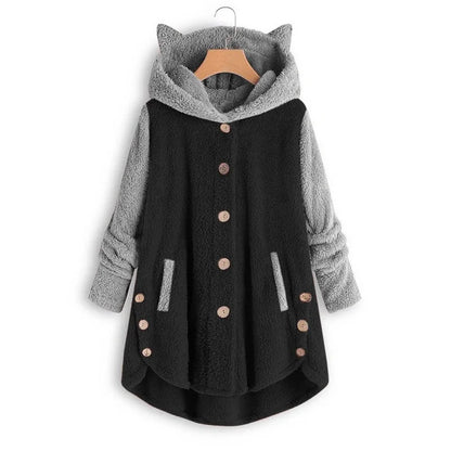 Cat Print Long Hoodies Sweatshirt Women Fleece Warm Button Pocket Pullovers Cat Ear Plus Size Hoodie Top Blouse Sweat Femme