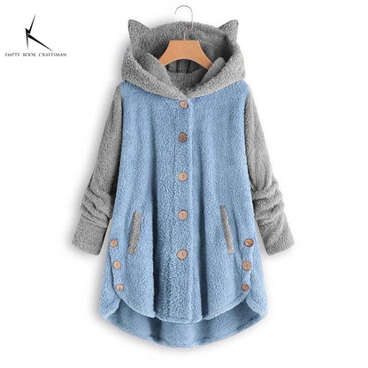 Cat Print Long Hoodies Sweatshirt Women Fleece Warm Button Pocket Pullovers Cat Ear Plus Size Hoodie Top Blouse Sweat Femme