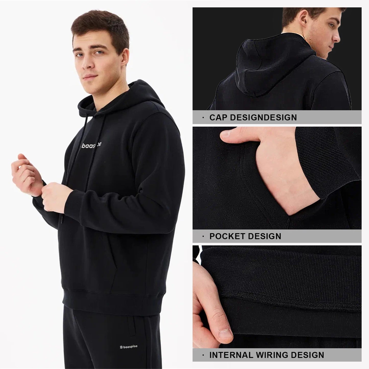 2024 Baasploa Men Sport Hoodies Breathable Casual Sweaters for Man Training Fitness Hoodie Comfort Solid Sportswear Pocket Tops