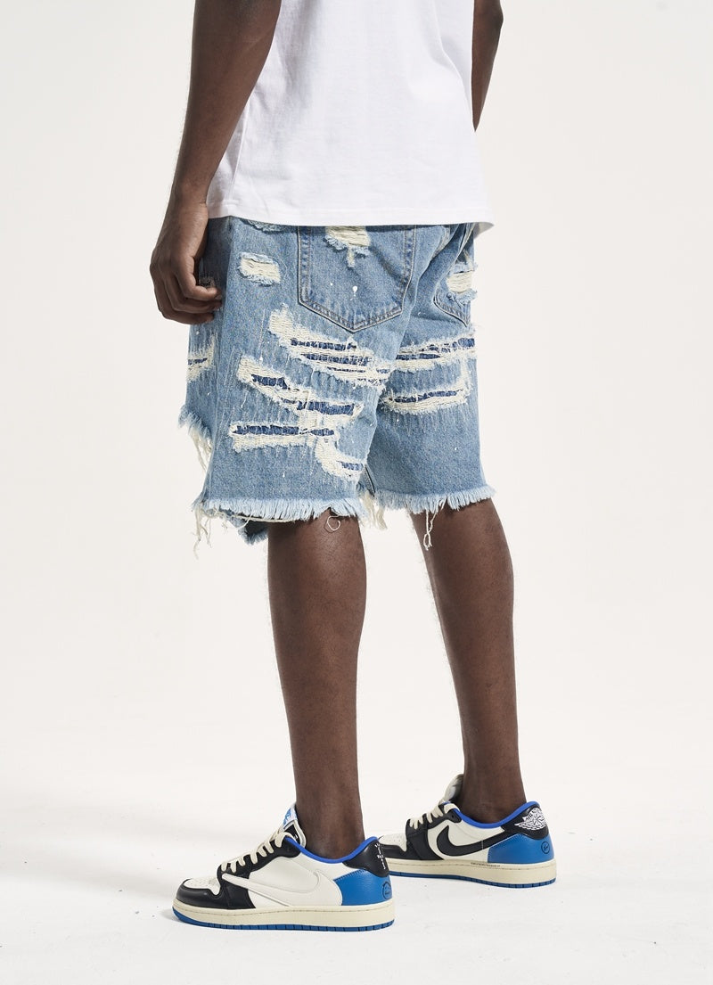 High Street Patch Ripped Washed Distressed Men's Denim Shorts