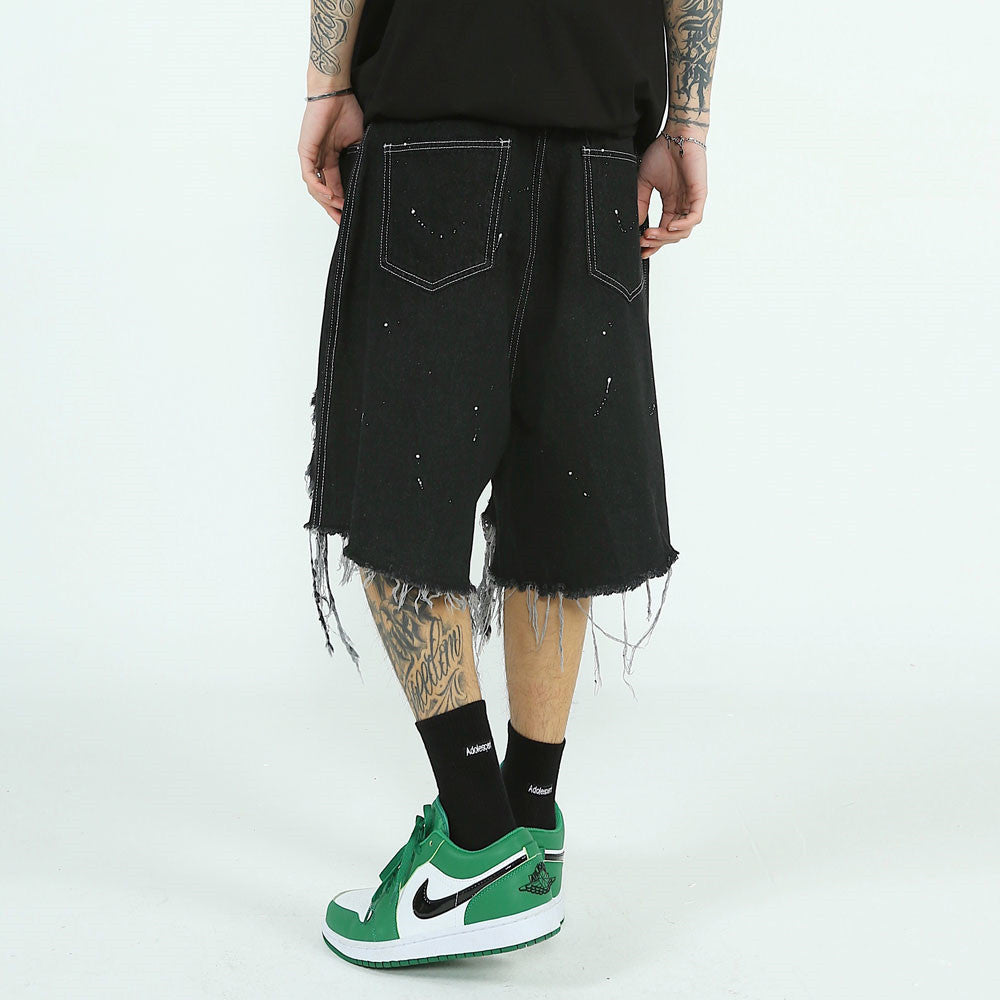 Ripped Raw Edge Denim Shorts Men's Personality Loose Wide-leg Pants